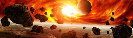 Exploding sun in space close to planet Earth 3D renderingの写真素材