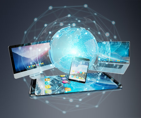 Tech devices and icons applications connected and isolated on grey background 3D rendering