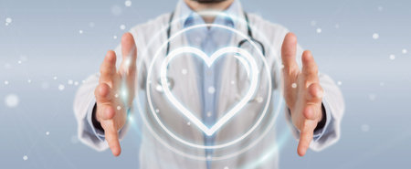 Doctor on blurred background holding heartbeat digital interface 3D rendering