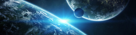 Panorama of a distant planet system from space during sunrise 3D rendering