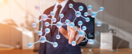 Businessman on blurred background using modern molecule structure 3D renderingの写真素材