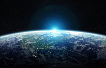 View of blue planet Earth in space with her atmosphere America continent 3D renderingの写真素材