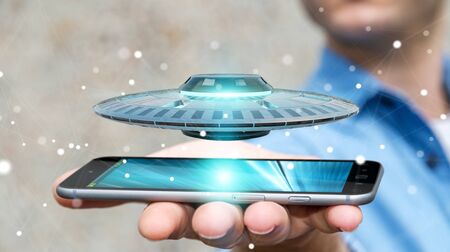 Businessman on blurred background with retro UFO spaceship 3D renderingの写真素材