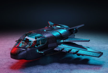 Black mettalic futuristic spacecraft isolated on dark background 3D rendering