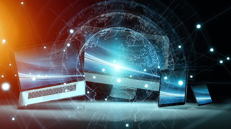 Worldwide server interface over modern tech devices in dark background 3D rendering