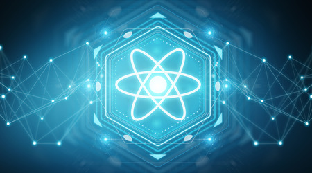 Modern digital molecule structure isolated on blue background 3D renderingの写真素材