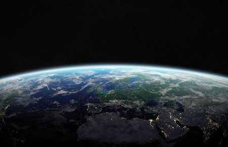 View of blue planet Earth in space with her atmosphere Europe continent 3D rendering