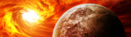 Sun exploding close to inhabited planets system 3D rendering