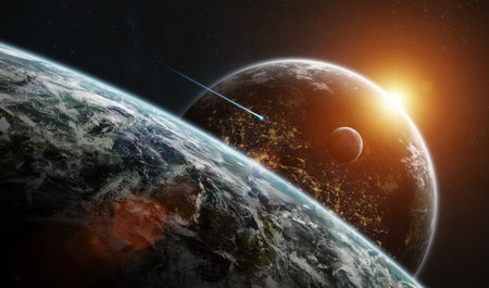 Distant planet system in space with exoplanets during sunrise 3D rendering