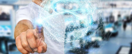 Businessman on blurred background using digital network connection sphere 3D renderingの写真素材