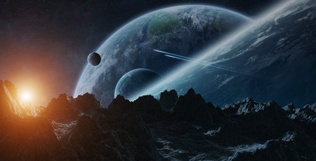 Dark asteroids flying close to planets in space 3D rendering