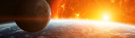 Exploding sun in space close to planet Earth 3D rendering