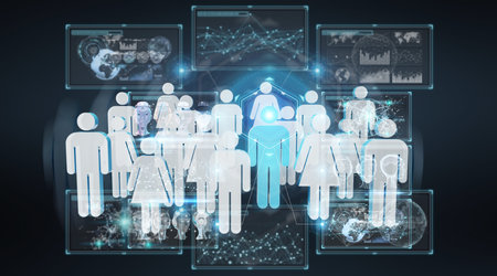 3D rendering group of people with blue man in middle on blue background