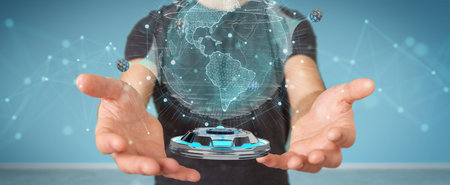 Businessman on blurred background using globe network with digital connection 3D rendering