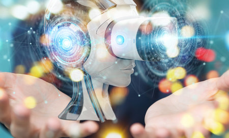 Businesswoman on blurred background using virtual reality and artificial intelligence 3D rendering