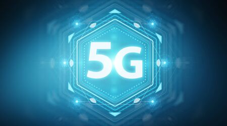 5G network interface isolated on blue background 3D renderingの写真素材