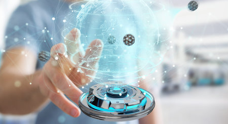 Businessman on blurred background using globe network with digital connection 3D rendering