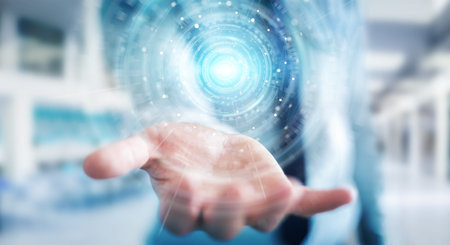 Businessman on blurred background using digital network connection interface 3D rendering