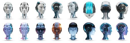 Cyborg head artificial intelligence collection isolated on white background 3D renderingの写真素材