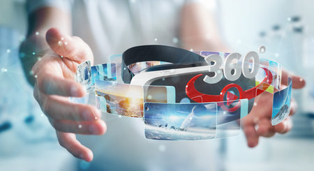 Businessman on blurred background using virtual reality glasses technology 3D rendering