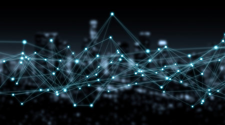 Connections system and global datas exchanges on city background 3D rendering
