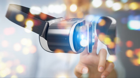Businesswoman on blurred background using virtual reality glasses technology 3D rendering