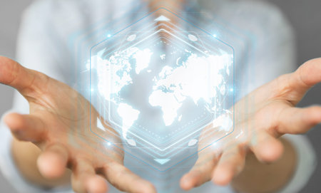 Businesswoman on blurred background using digital world map interface 3D rendering
