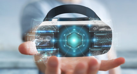 Businessman on blurred background using virtual reality glasses technology 3D rendering