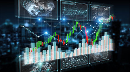 3D rendering stock exchange datas and charts illustration on blue background