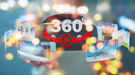 Businesswoman on blurred background using virtual reality glasses technology 3D renderingの写真素材