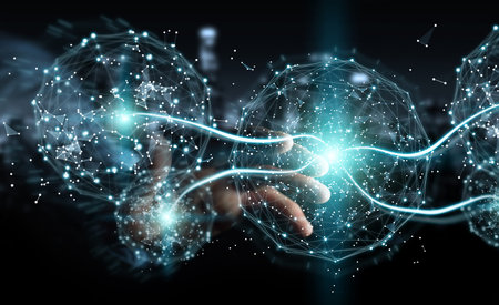 Businessman on blurred background using digital network connection sphere 3D rendering