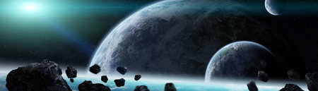 Panoramic view of planets in distant solar system in space 3D rendering elements