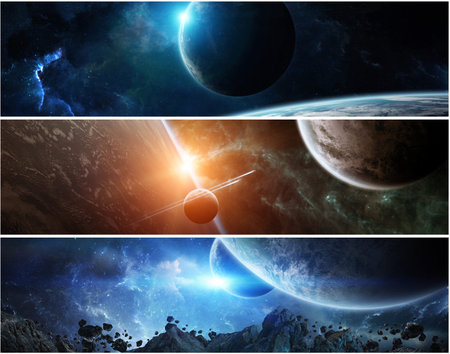 Collection of panorama of distant planet system in space 3D rendering elements