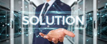 Businessman on blurred background using solution digital text 3D renderingの写真素材