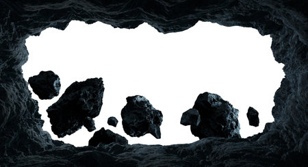 Dark asteroids flying close to planets view from a cave 3D rendering elements
