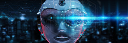 Cyborg head using artificial intelligence to create digital interface on city bokeh background 3D...