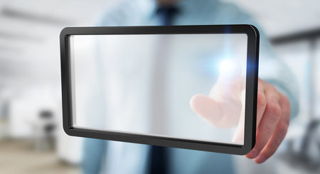 Businessman on blurred background using digital screens tablet 3D rendering
