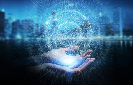 Businessman on blurred background using digital network connection sphere 3D rendering