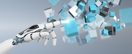 White cyborg hand on blurred background using blue digital cube structure 3D renderingの写真素材