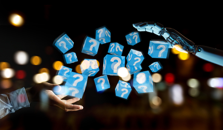 White robot hand on blurred background using digital question marks 3D renderingの写真素材