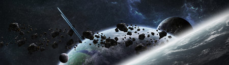 Panoramic view of planets in distant solar system in space 3D rendering