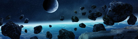 Panoramic view of planet Earth with asteroids flying close in space 3D rendering
