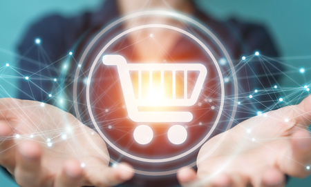 Businesswoman on blurred background using digital shopping icons with connections 3D renderingの写真素材