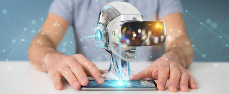 Businessman on blurred background using virtual reality and artificial intelligence 3D rendering