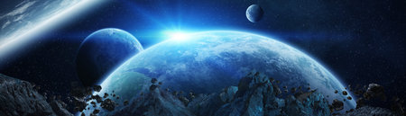 Panoramic view of planets in distant solar system in space 3D rendering