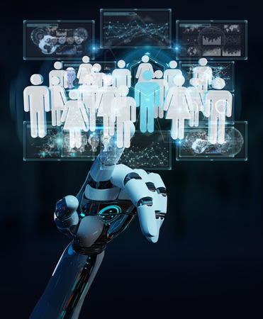 White cyborg hand on blurred background controlling group of people 3D renderingの写真素材