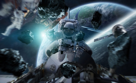 Astronaut in space working on a space station 3D rendering