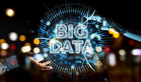 White humanoid hand on blurred background using Big Data digital hologram 3D rendering