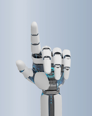 White cyborg pointing his finger isolated on grey background 3D renderingの写真素材