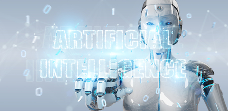 White cyborg woman on blurred background using digital artificial intelligence text hologram 3D renderingの写真素材